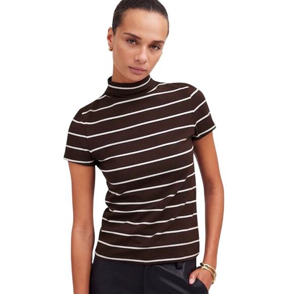 NWT Madewell Striped Mockneck Slim Fit Tee XXS Brown White Short Sleeve - Picture 4 of 9